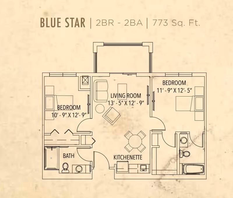 Architectural floor plan labeled Blue Star showing a 2-bedroom, 2-bathroom apartment with 773 square feet. The layout includes two bedrooms, a living room, kitchenette, and two bathrooms.