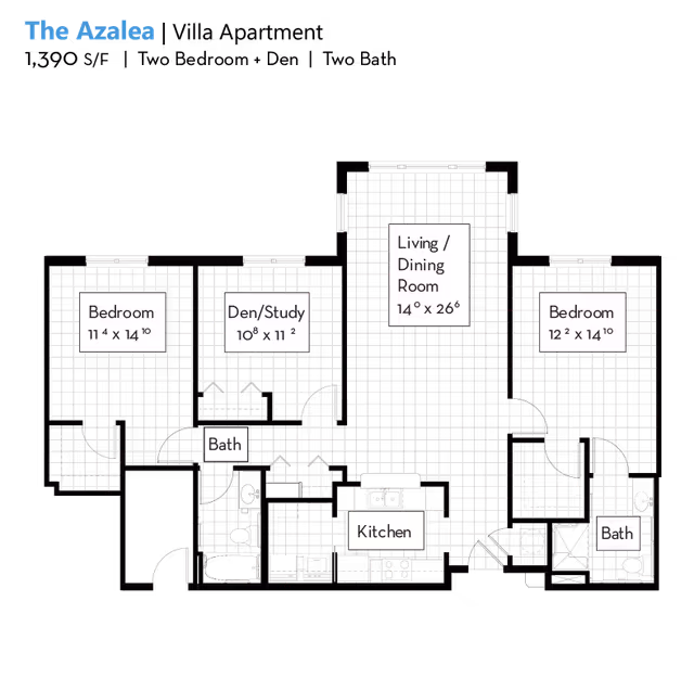 Floor plan titled The Azalea showing layout with two bedrooms, a den/study, two bathrooms, a kitchen, and a combined living/dining room area.