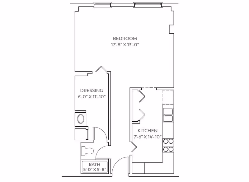 Architectural floor plan of a living unit at Baptist Retirement Community showing a bedroom measuring 17 feet 8 inches by 13 feet, a dressing area measuring 6 feet by 11 feet 10 inches, a bathroom measuring 5 feet by 5 feet 8 inches, and a kitchen measuring 7 feet 6 inches by 14 feet 10 inches.
