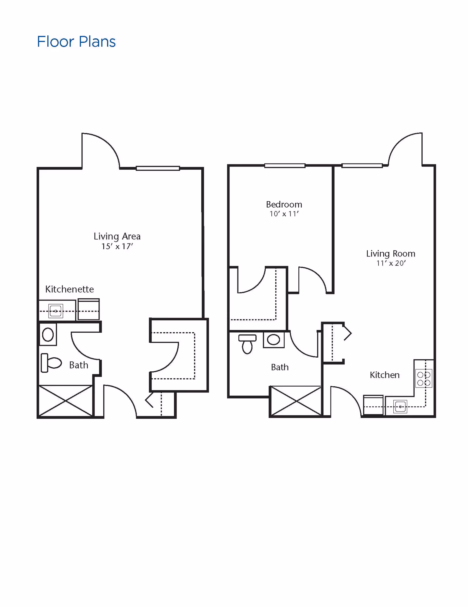 Two architectural floor plans showing layouts of living spaces. The left plan includes a living area, kitchenette, and bath. The right plan includes a bedroom, bath, living room, and kitchen with dimensions labeled for each room.