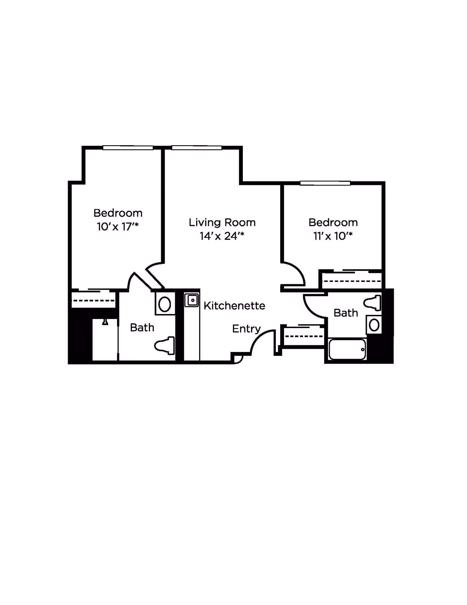 Floor plan of a living space with two bedrooms, two bathrooms, a living room, a kitchenette, and an entry area. The left bedroom measures 10 feet by 17 feet, the living room is 14 feet by 24 feet, and the right bedroom is 11 feet by 10 feet. Both bathrooms are adjacent to the bedrooms.