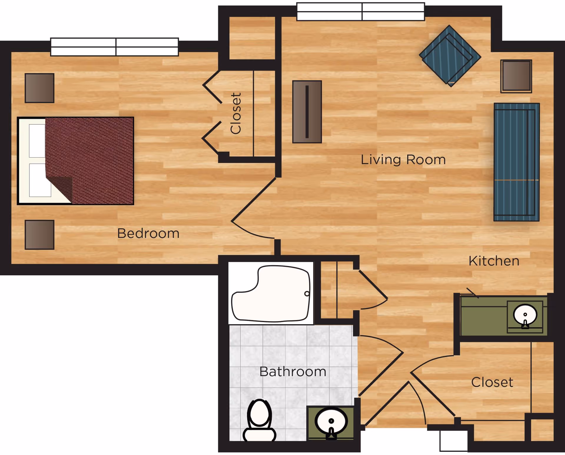 Floor plan of a one-bedroom apartment at The Village at Mission, showing a bedroom with a bed and two nightstands, a living room with a sofa, chair, and coffee table, a kitchen area with a sink, a bathroom with a bathtub, toilet, and sink, and two closets.