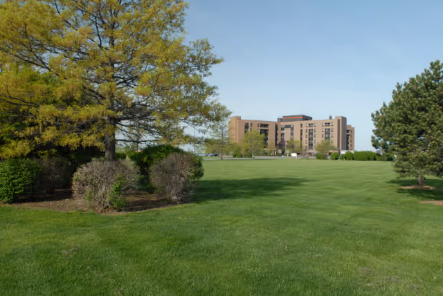 A large green lawn with scattered trees and bushes in the foreground, and a multi-story brick building in the background under a clear blue sky.