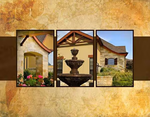 Three-panel wall art showing a central fountain between stone buildings on a textured background.