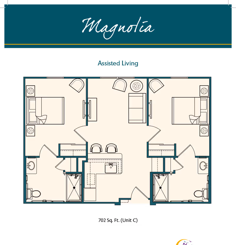 Floor plan for the 'Magnolia' assisted living unit showing two bedrooms, two bathrooms, a central living area and kitchen.