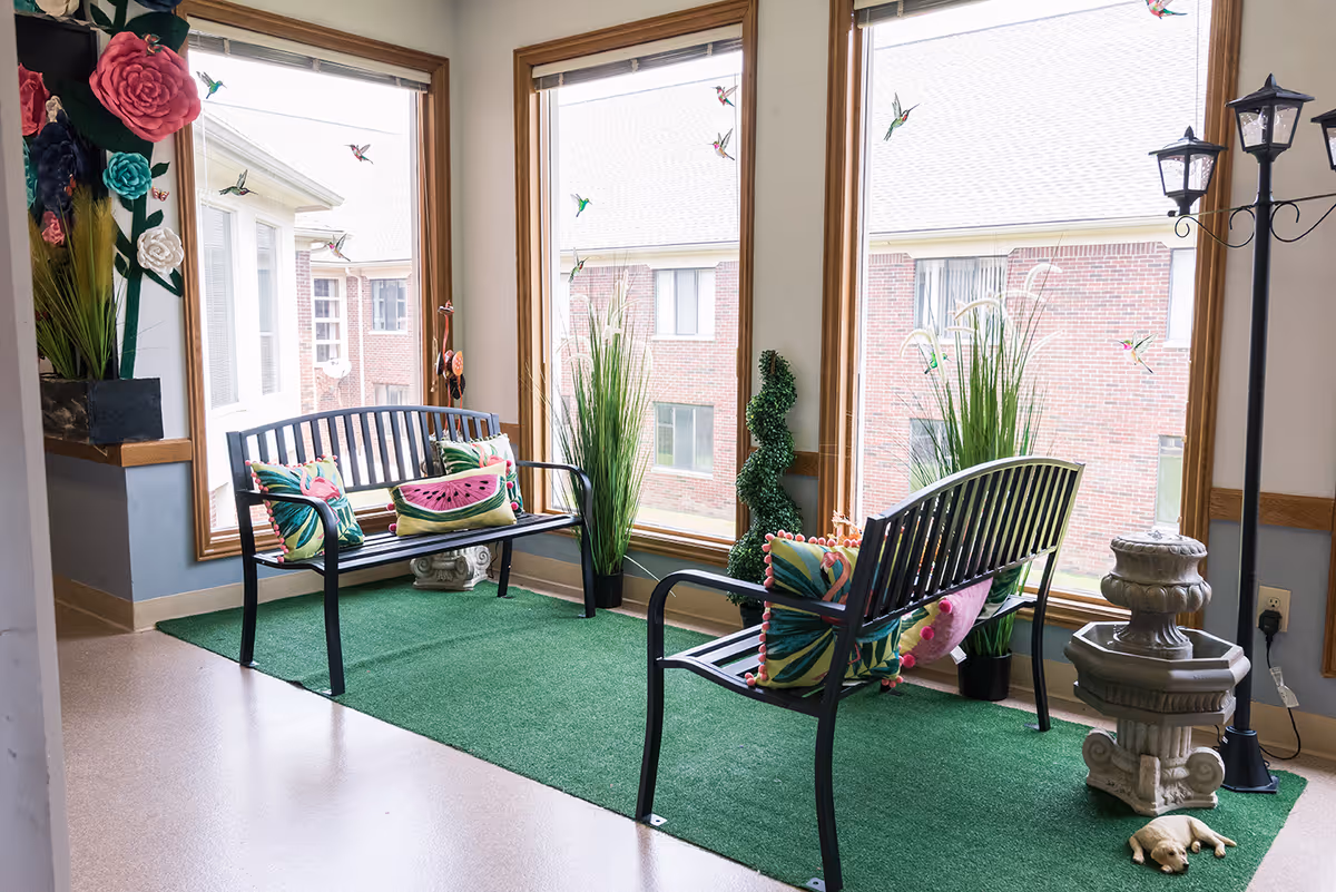 Sunroom-style seating area with two black benches, colorful throw pillows, potted plants, and large windows overlooking a brick building.