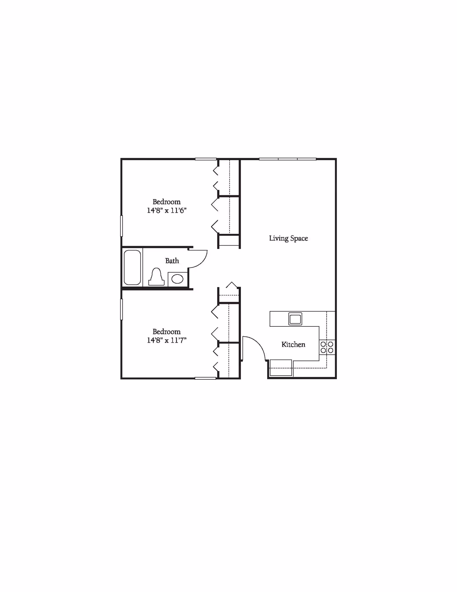 Floor plan showing two bedrooms, a bathroom, a kitchen, and a living space. The bedrooms measure approximately 14 feet 8 inches by 11 feet 6-7 inches. The bathroom includes a bathtub, toilet, and sink. The kitchen is adjacent to the living space.