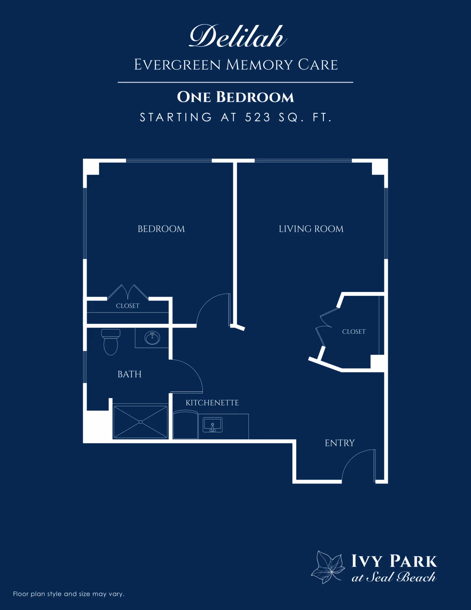 Navy-blue one-bedroom floor plan graphic labeled 'Delilah Evergreen Memory Care' showing a bedroom, living room, bath, kitchenette, closets and entry.