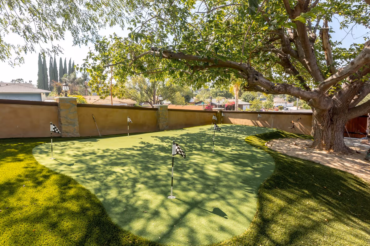 Outdoor putting green with several small flags on poles, surrounded by green grass and shaded by a large tree with sprawling branches. A stone and stucco wall encloses the area, with houses and trees visible in the background.