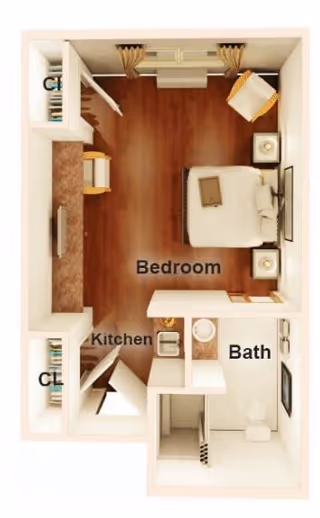 Top-down view of a senior living facility unit layout showing a bedroom with a bed, two nightstands, a chair, and a dresser. Adjacent to the bedroom is a small kitchen area and a bathroom with a toilet and sink. There are closets on either side of the entrance.