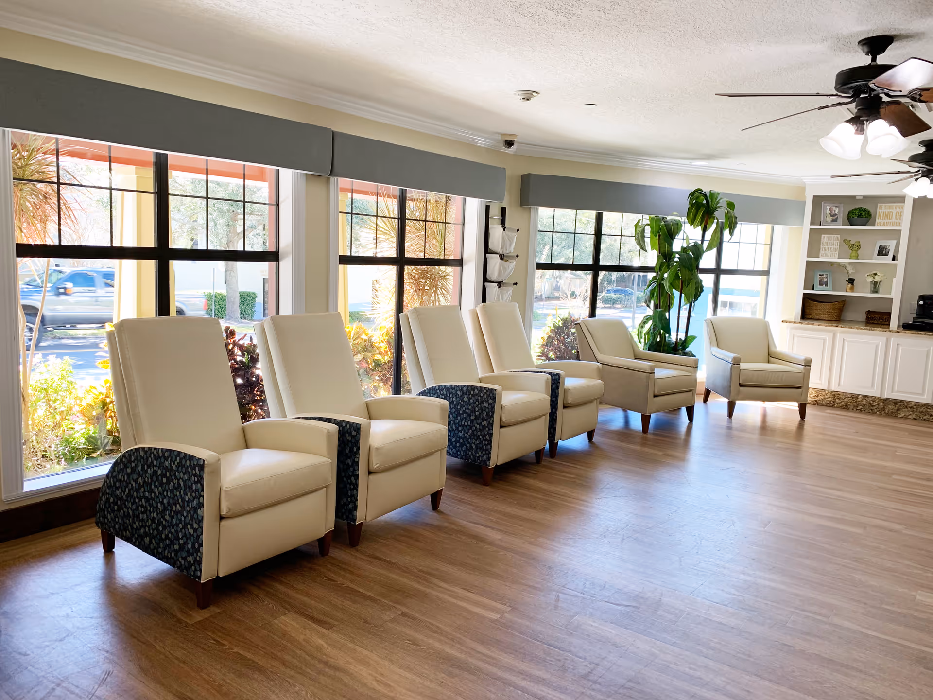 Bright senior living lounge with a row of cushioned armchairs facing large windows and a plant near built-in shelving.