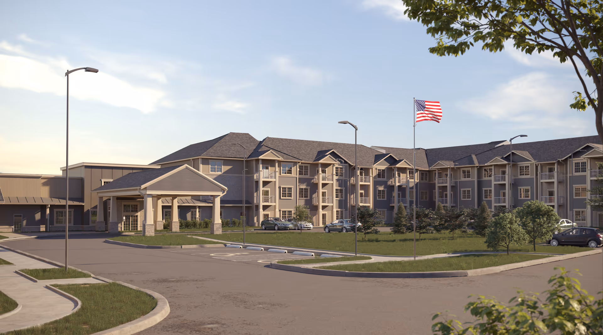 Exterior view of The Westbury Senior Living facility showing a large multi-story building with balconies, an American flag on a flagpole, several parked cars, street lamps, and landscaped greenery under a partly cloudy sky.