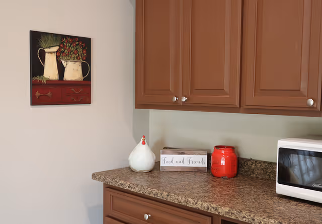 Kitchen-style countertop and wooden cabinets with a small microwave, a red jar, a ceramic hen decoration, and wall art of pitchers.