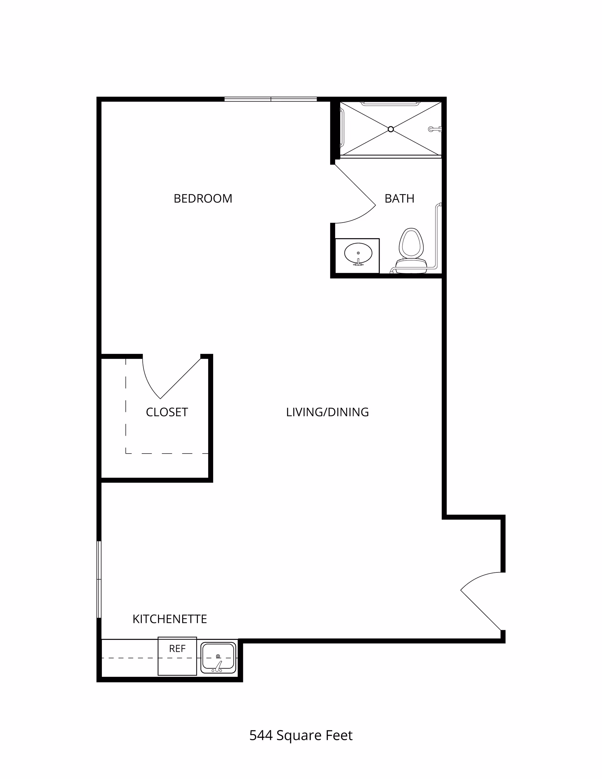 Floor plan of a 544 square feet living space at Ascension Living Via Christi Village, showing a bedroom, bathroom with shower, toilet and sink, a closet, a kitchenette with refrigerator and sink, and a combined living and dining area.