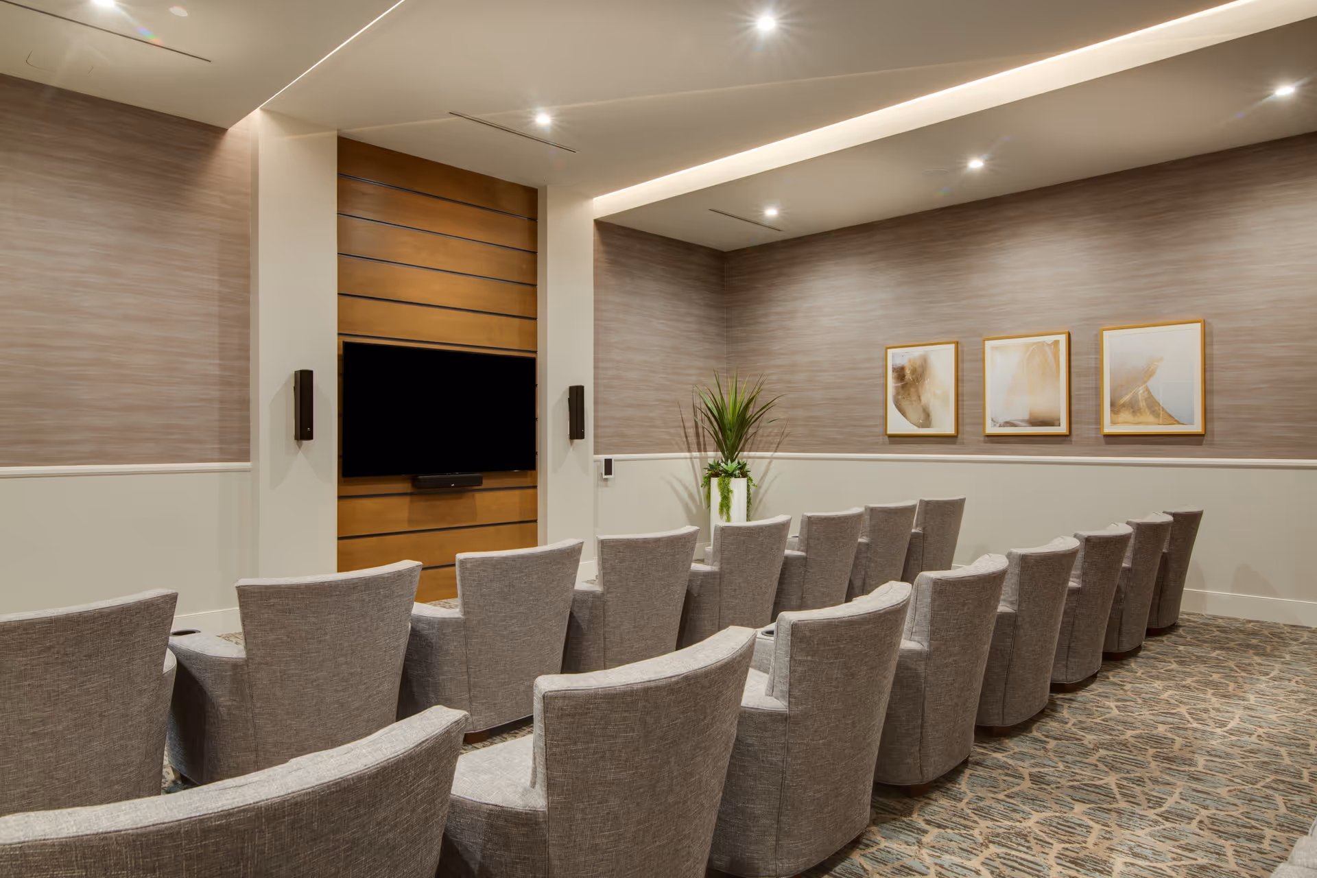 Small screening room with rows of gray upholstered chairs facing a wall-mounted TV, potted plant, and framed artwork.