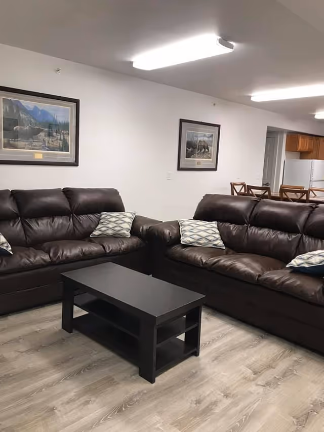 A living room area with two dark brown leather sofas facing each other, each with patterned throw pillows. A black rectangular coffee table is positioned between the sofas. The room has light wood flooring and white walls adorned with framed nature-themed artwork. In the background, a kitchen area with wooden cabinets, a white refrigerator, and a dining table with chairs is visible.