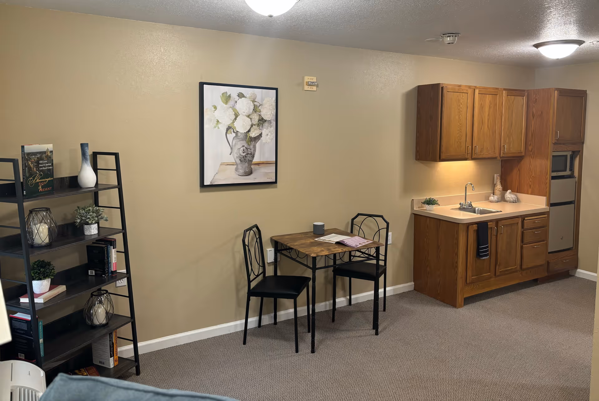 Interior view of a small living space with a kitchenette featuring wooden cabinets, a sink, and a microwave. Next to the kitchenette is a small wooden table with two black metal chairs. A black metal shelving unit with books, plants, and decorative items is against the wall. A framed painting of white flowers in a vase hangs on the beige wall above the table.