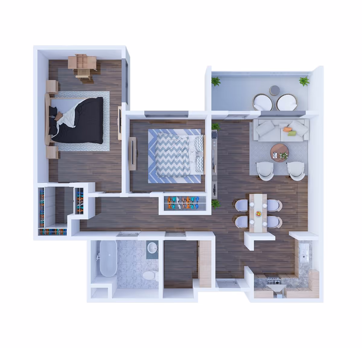 Top-down view of a two-bedroom apartment floor plan featuring a living room with sofa and chairs, a dining area with a table and four chairs, a kitchen with appliances, a bathroom with bathtub and toilet, and two bedrooms with beds and furniture. There is also a small balcony with two chairs and a table.