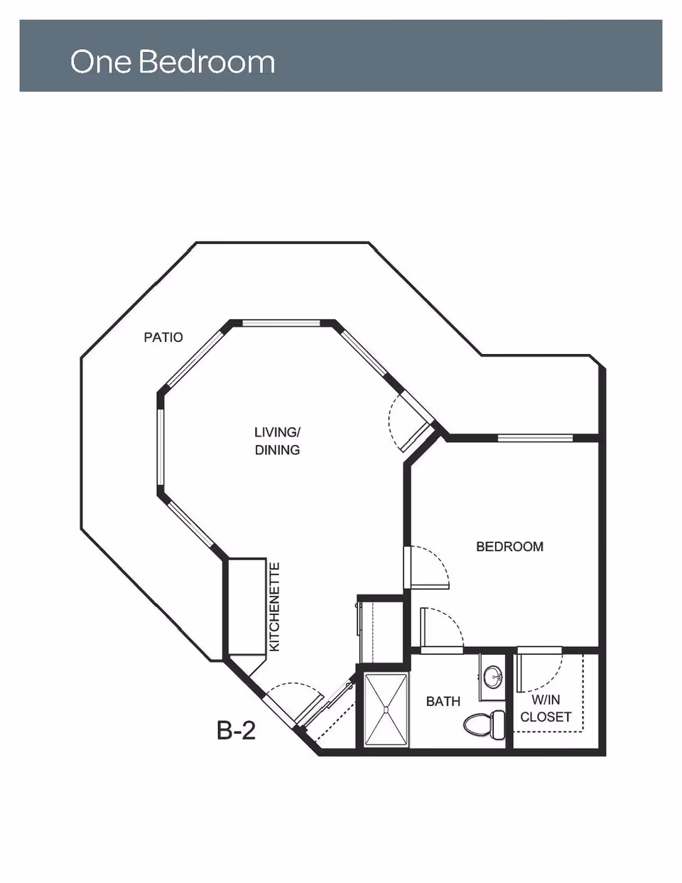 Floor plan of a one-bedroom apartment featuring a patio, living/dining area, kitchenette, bedroom, bathroom, and walk-in closet.