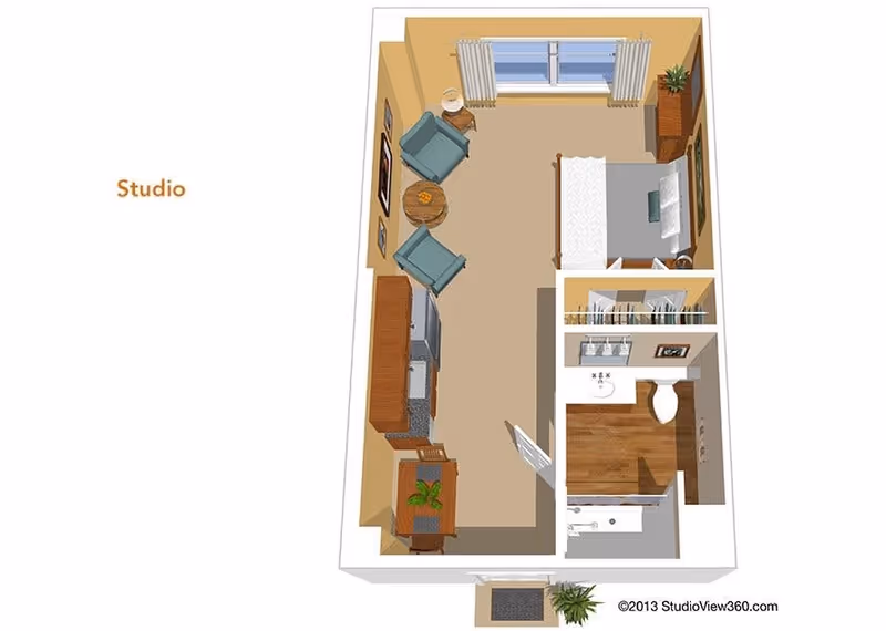 3D floor plan of a studio apartment featuring a combined living and sleeping area with a bed, two armchairs, a round table, a dresser, and a window with curtains. The kitchen area includes cabinets, a refrigerator, and a small dining table with a chair. The bathroom has a sink, toilet, and shower. There is a small entryway with a plant near the door.