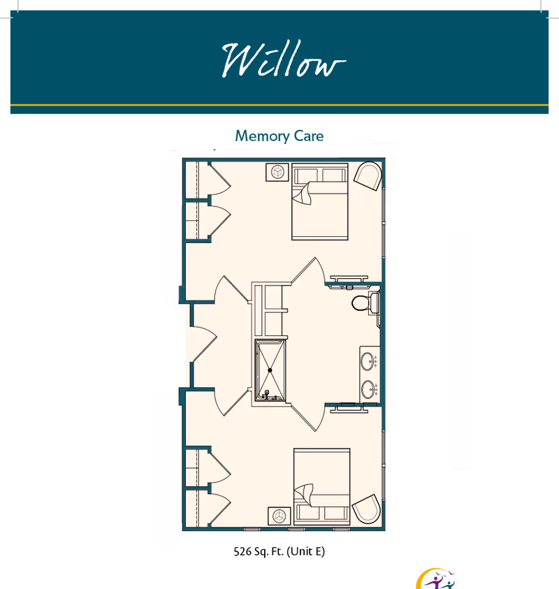 Floor plan labeled 'Willow' for Memory Care at Village on the Park McKinney, showing two bedrooms each with a bed, nightstand, and chair, a shared bathroom with two sinks, a toilet, and a shower, and closets in each bedroom.