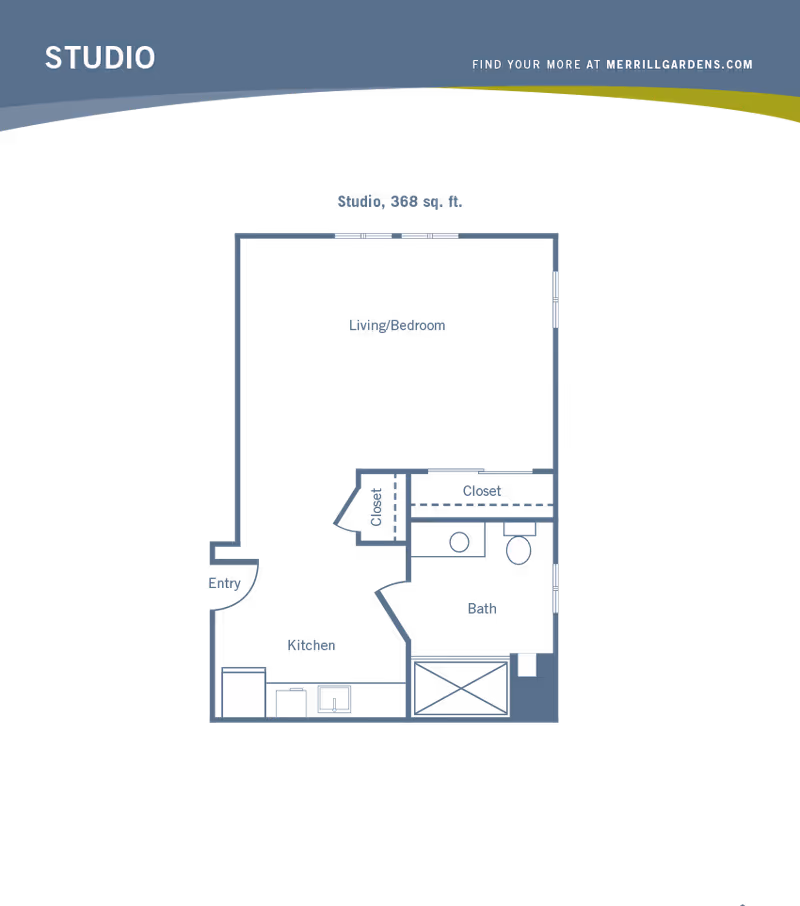 Blueprint-style floor plan of a 368 sq. ft. studio showing a combined living/bedroom, kitchen, bathroom, entry and closets.