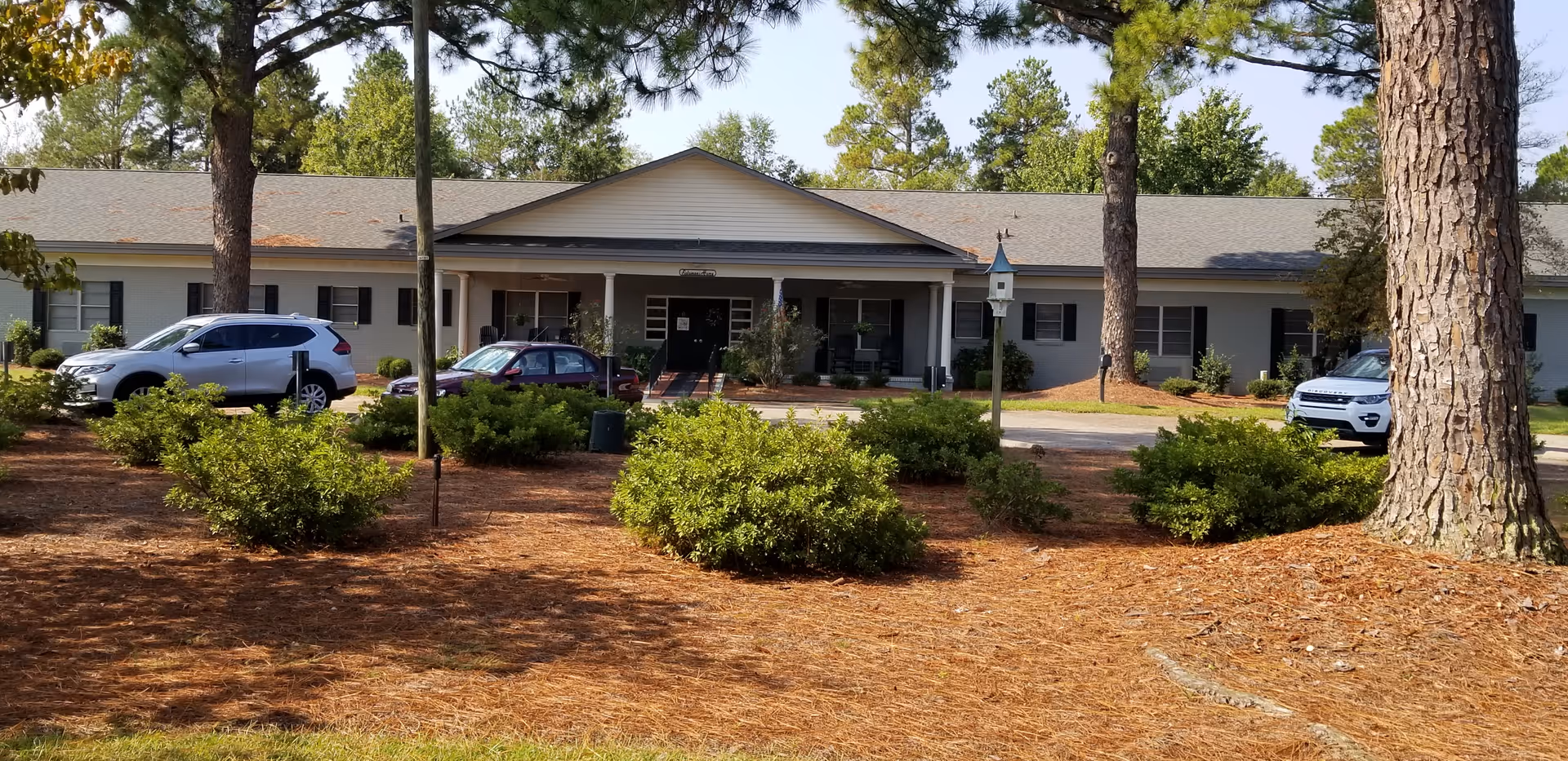 Single-story building front with a covered entrance, parked cars, pine trees and landscaped shrubs in the foreground.