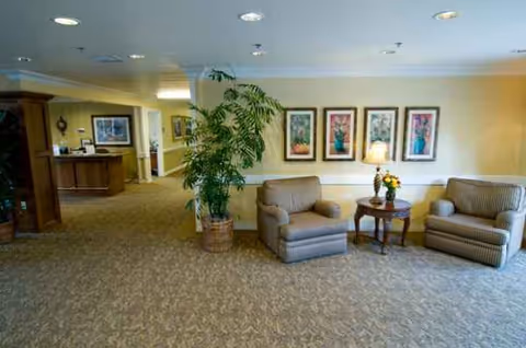 A spacious senior living lounge with two armchairs, a side table, plant, and art on wall.
