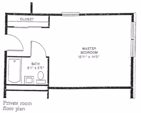 Floor plan of a private room at Langdon Place of Exeter showing a master bedroom measuring 15 feet 11 inches by 14 feet, a bathroom measuring 8 feet 1 inch by 5 feet, and a closet near the entrance.