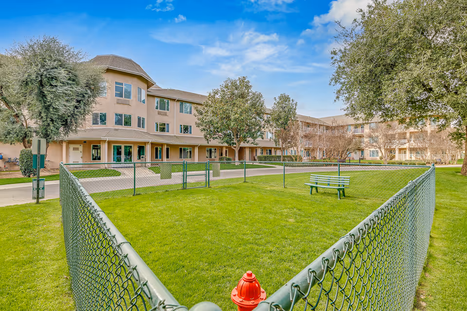 Chain-link fenced grassy courtyard with a bench and red fire hydrant in front of a three-story senior living building.