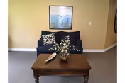 Cozy living room with a dark sofa, wooden coffee table, vase, and wall art.