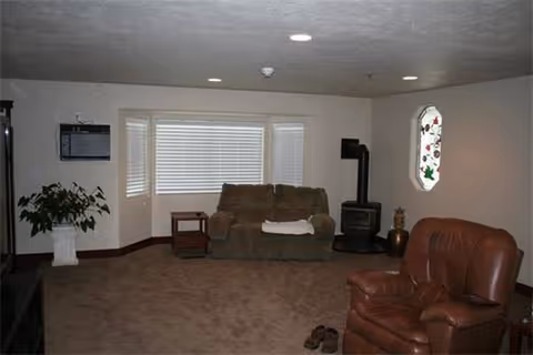 A cozy living room with a couch, recliner, wood stove, and plants.