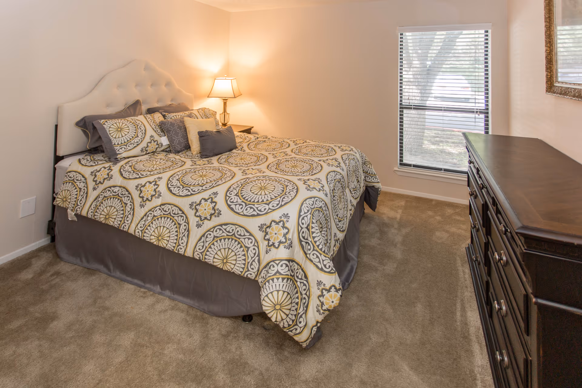 Neatly made bedroom with a patterned bed, bedside lamp, dresser, and a window with blinds.
