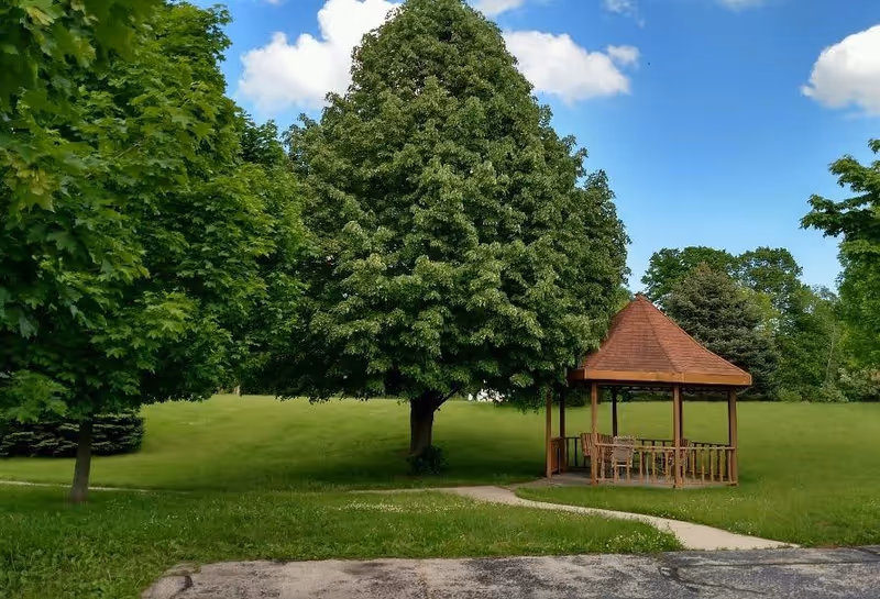A green outdoor area with a large leafy tree and a wooden gazebo with chairs and a table underneath. The sky is blue with a few clouds, and there is a paved path leading to the gazebo.