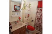 Small bathroom with a sink and mirror, toilet with a red seat cover, shelving, and a patterned shower curtain.