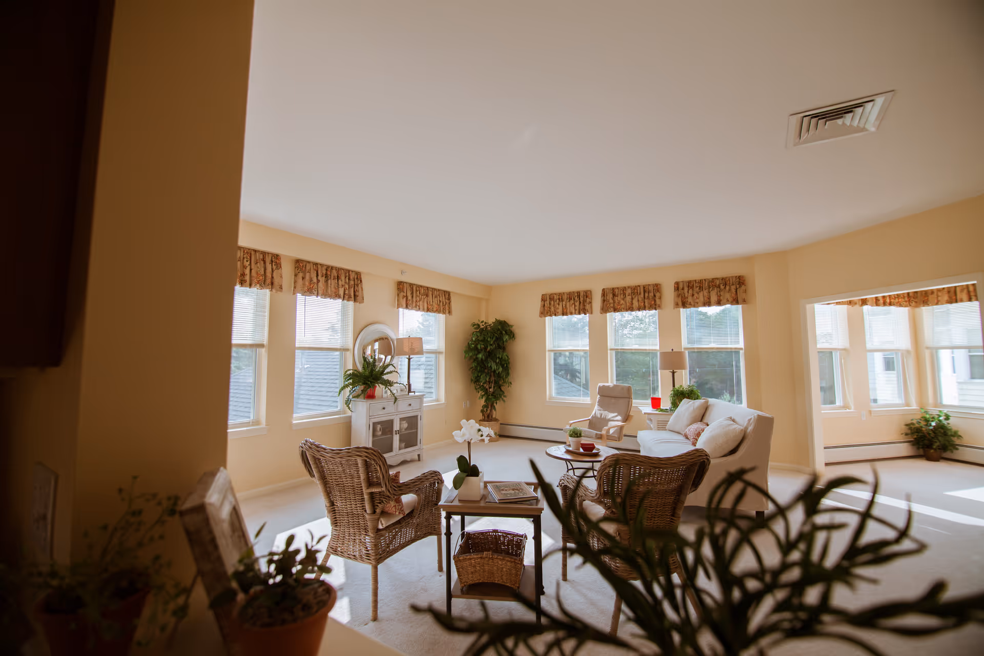 Bright sunlit living room with wicker chairs, a sofa, coffee table, plants, and many windows.