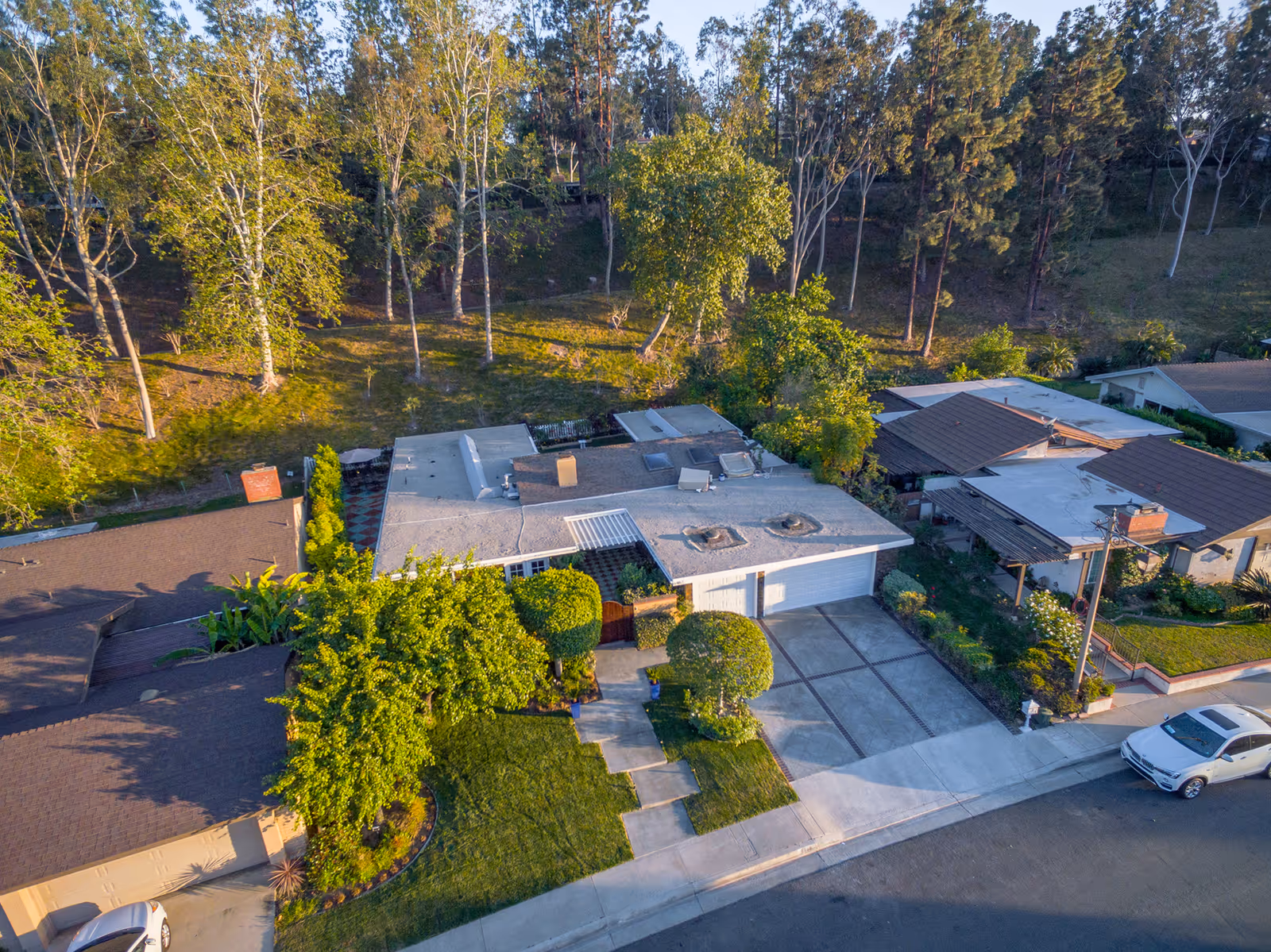 Aerial view of a residential neighborhood showing a single-story house with a flat roof, a driveway, and a well-maintained front yard with trees and shrubs. The house is surrounded by other similar houses and backed by a wooded area with tall trees.