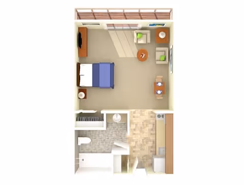 Top-down view of a studio apartment floor plan featuring a sleeping area with a bed, a living area with two chairs and a small table, a dining table with two chairs, a kitchen with appliances, and a bathroom with a toilet and shower.