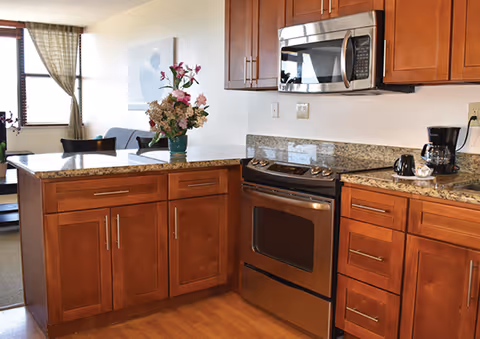 A modern kitchen area with wooden cabinets, a granite countertop, a stainless steel oven and microwave, a coffee maker, and a vase with flowers on the counter. In the background, there is a living room area with a window covered by curtains and a sofa.