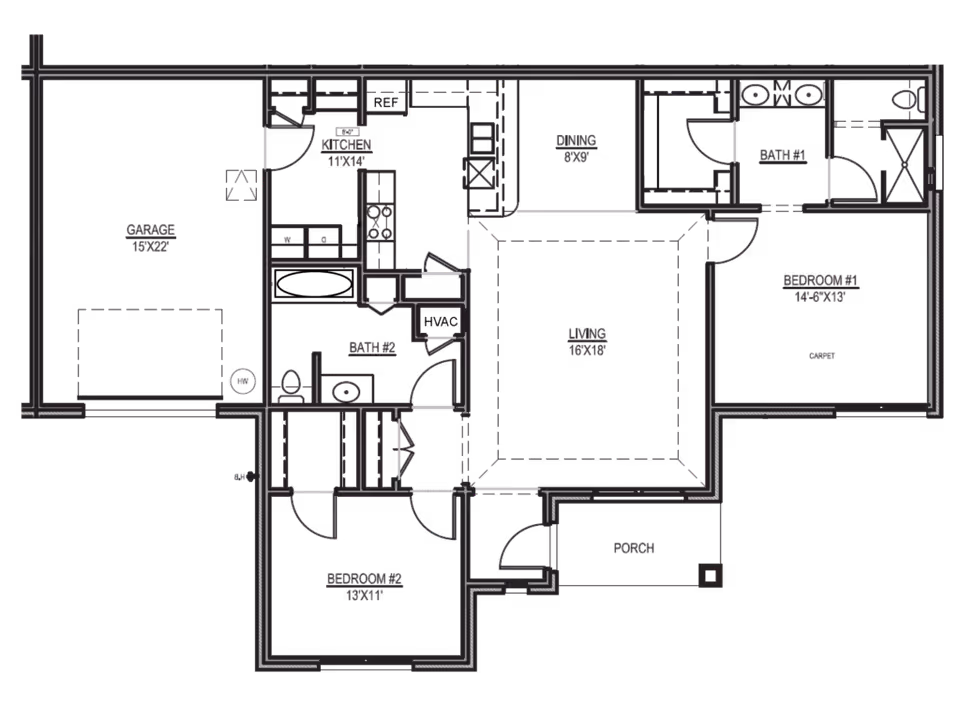 Architectural floor plan of a single-story home showing layout including garage, kitchen, dining area, living room, two bedrooms, two bathrooms, and a porch.