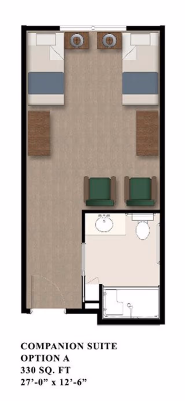 Floor plan of a companion suite labeled Option A, measuring 330 square feet with dimensions 27 feet by 12 feet 6 inches. The layout shows two beds placed parallel to each other with nightstands between them, two chairs near the foot of the beds, and a bathroom area with a sink, toilet, and shower.