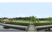 Outdoor view of a wooden footbridge over water, with green lawns and palm trees.