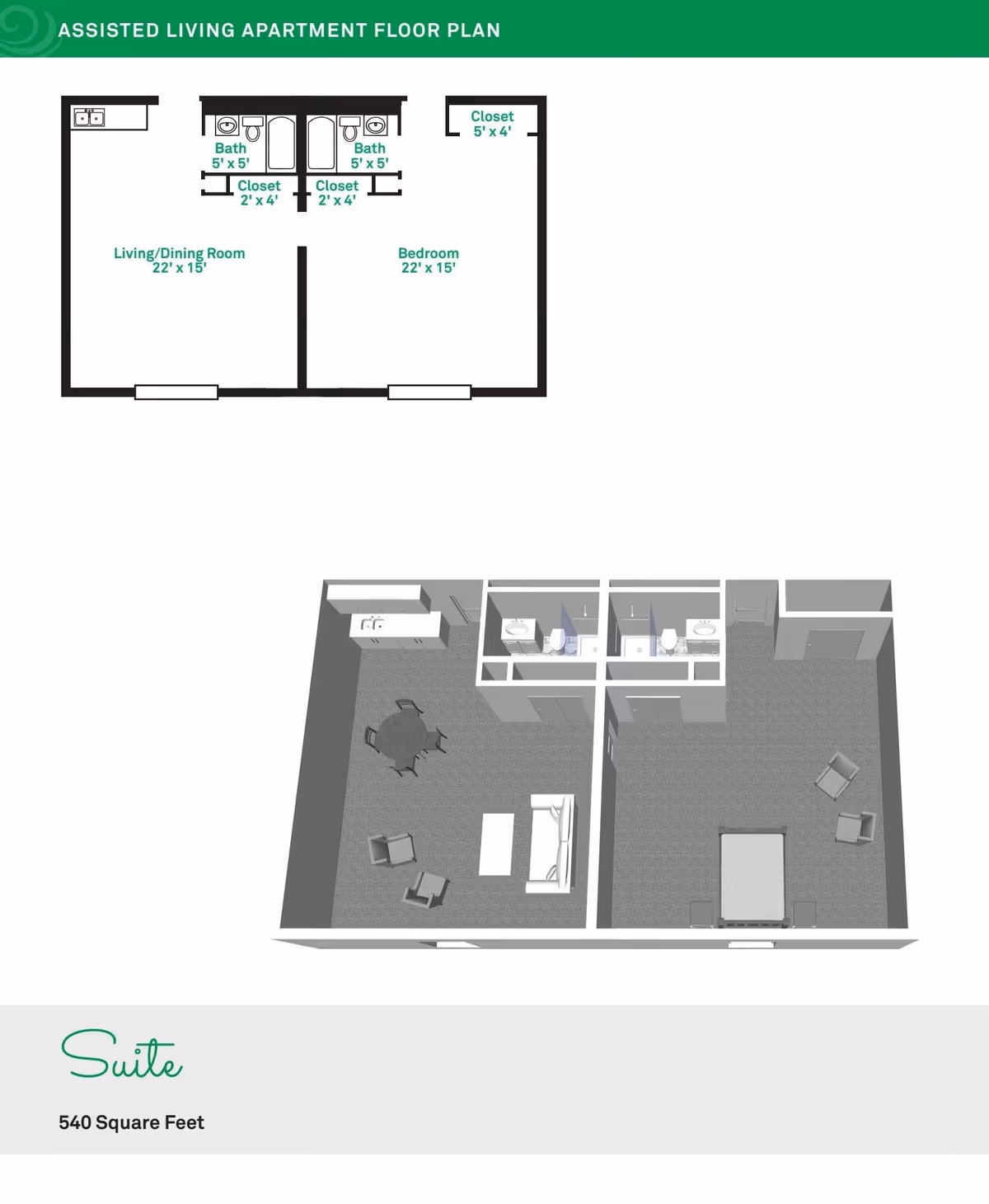 Floor plan and 3D layout of an assisted living apartment suite at Zionsville Meadows, showing a living/dining room, bedroom, two bathrooms, closets, and kitchen area, totaling 540 square feet.