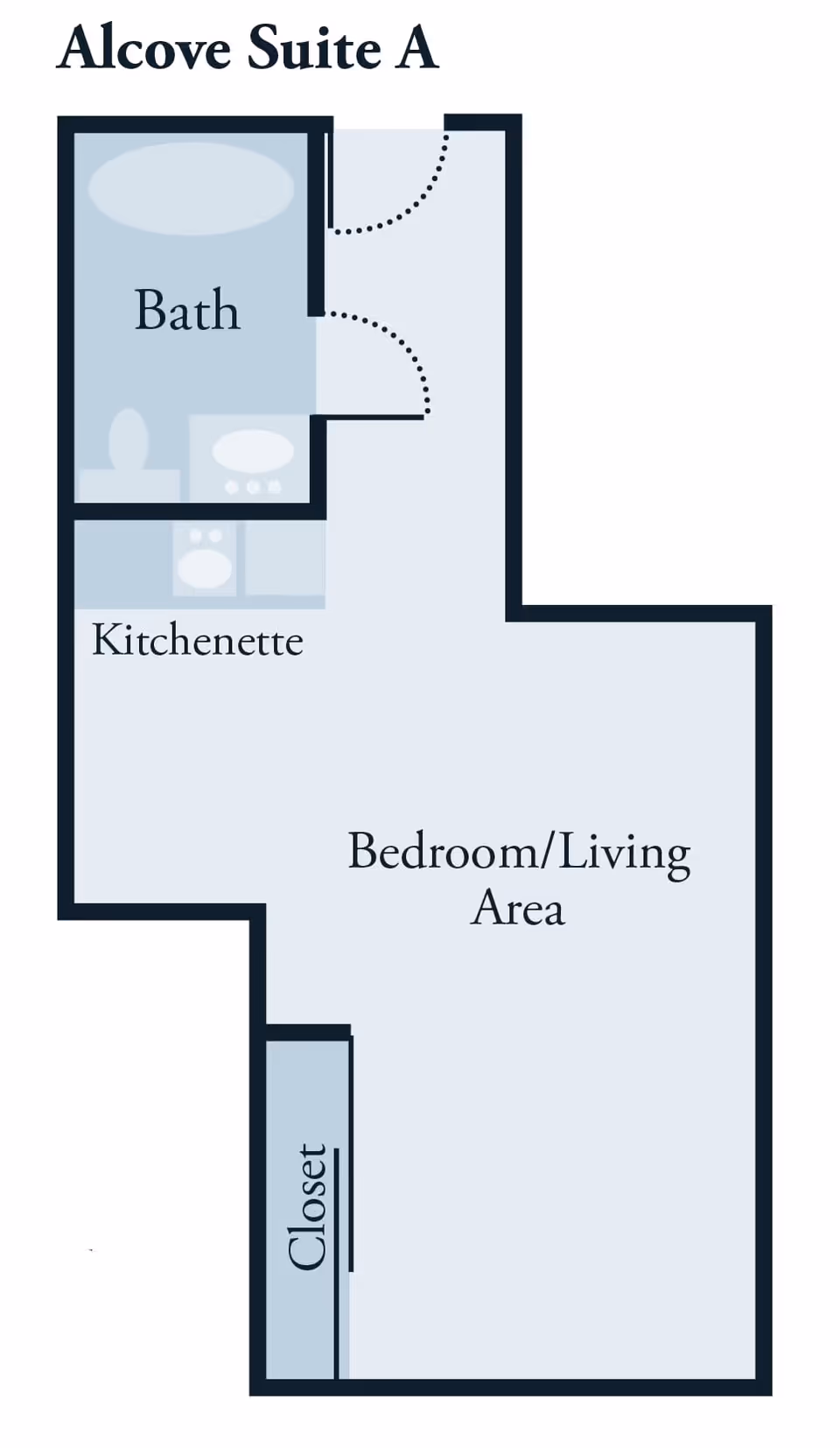 Floor plan of Alcove Suite A at King's Manor Senior Living Community showing a bath, kitchenette, bedroom/living area, and closet.