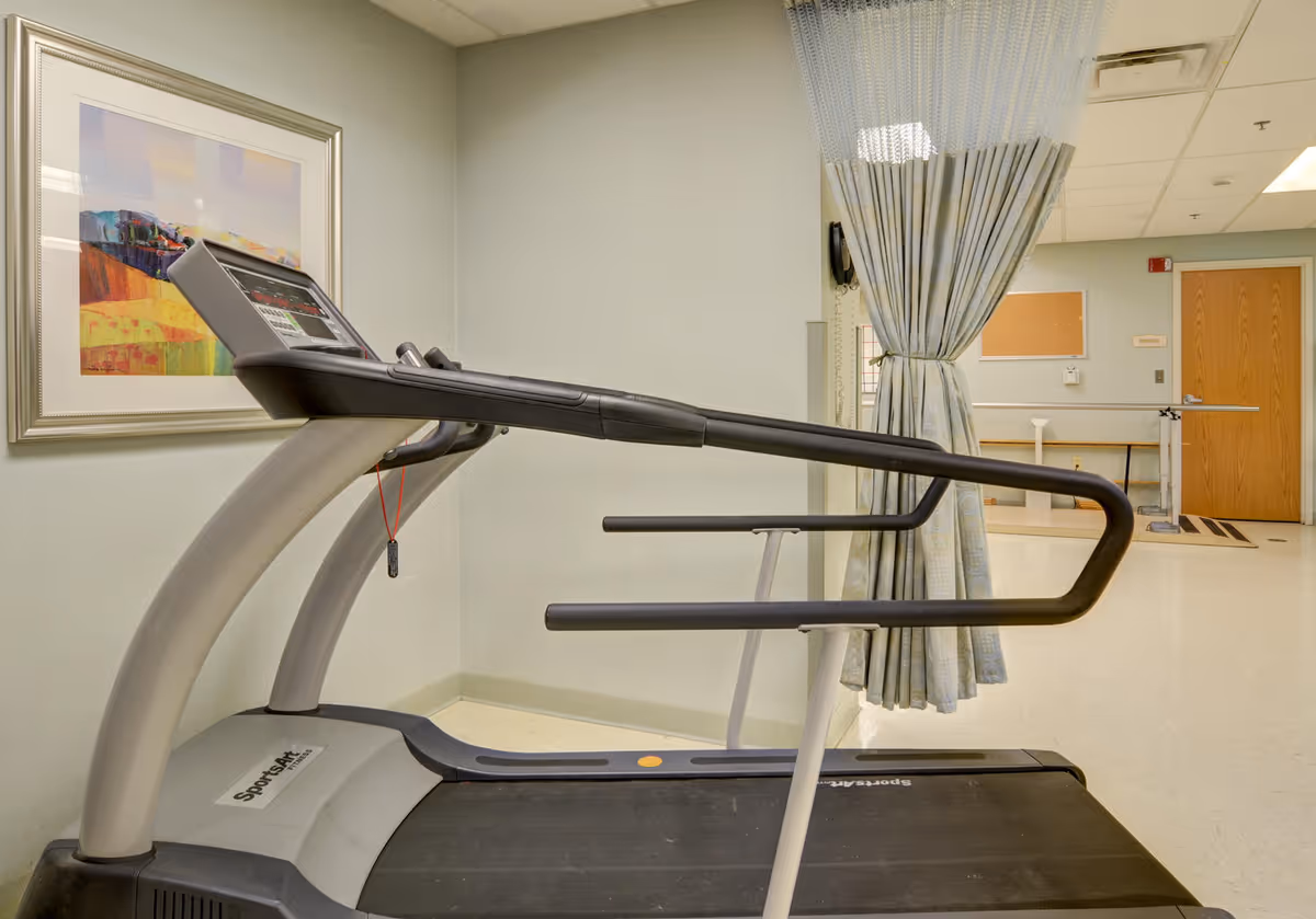A treadmill in a rehabilitation or therapy room with light-colored walls, a framed colorful landscape painting on the wall, a privacy curtain tied back, and a wooden door in the background.