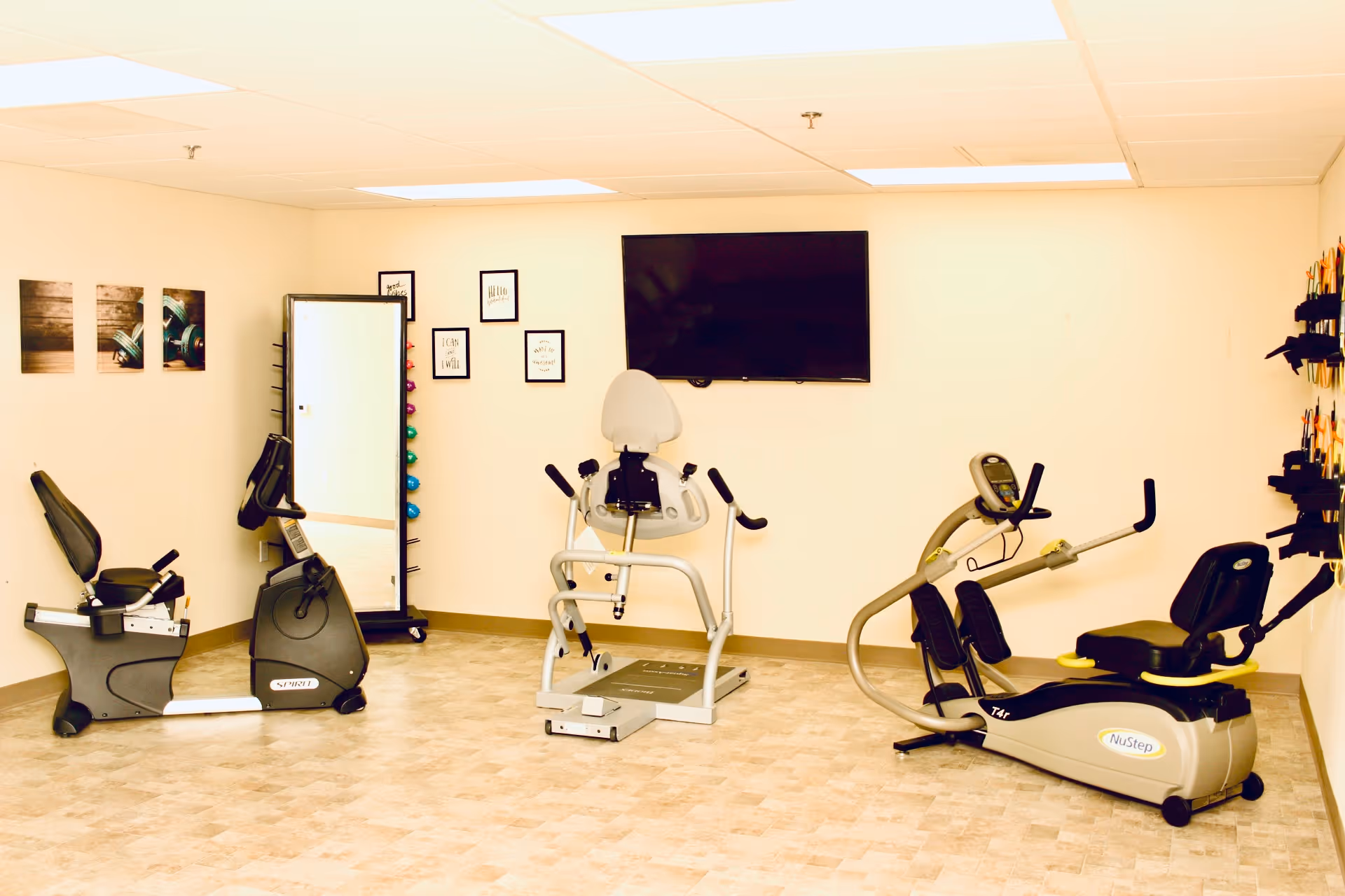 Small indoor fitness room with several recumbent exercise machines, a wall-mounted TV, mirror, and a rack of hand weights.