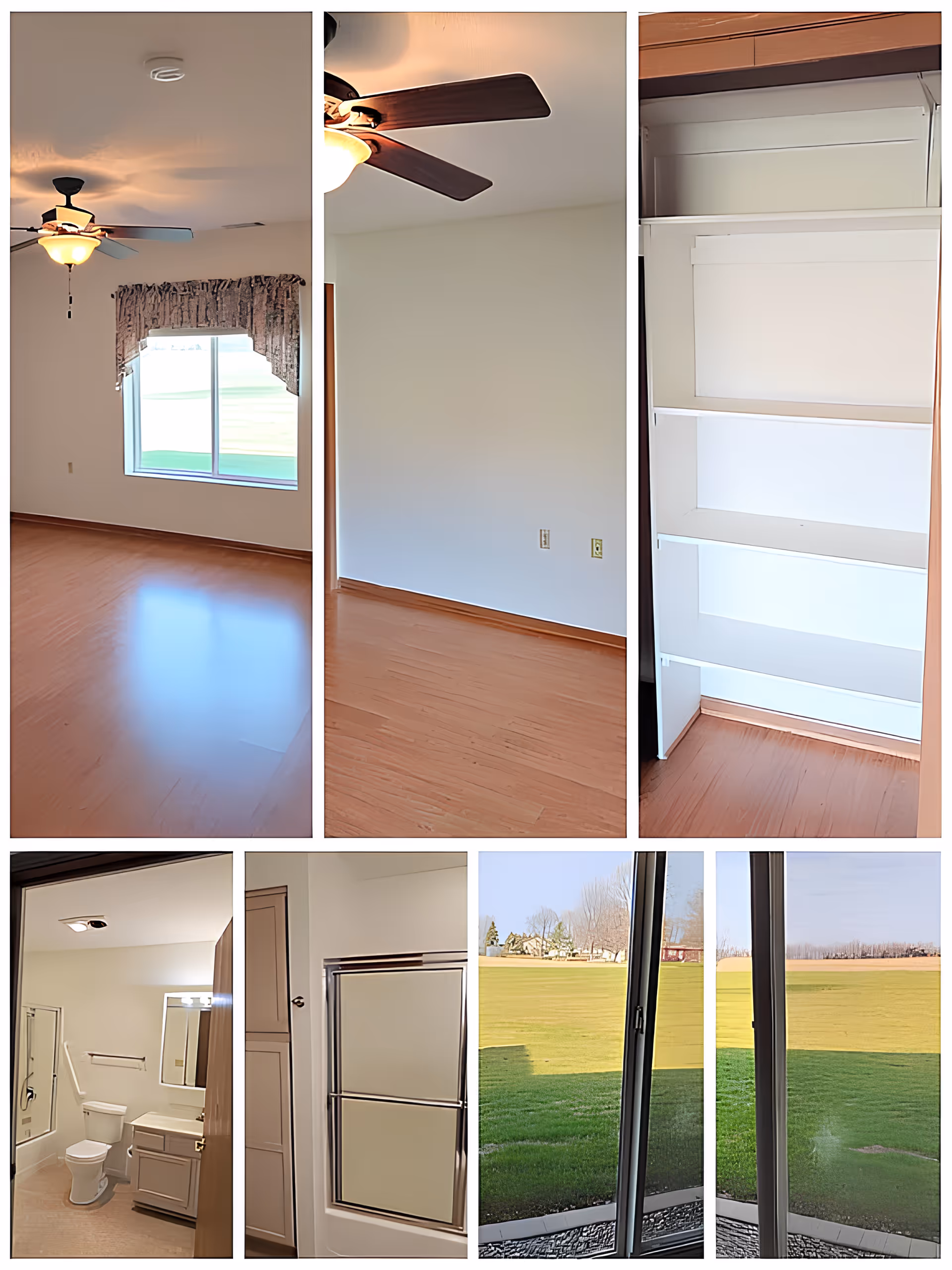 Collage of a senior living apartment interior showing a bright living/bedroom with ceiling fans, built-in shelving/closet, a bathroom, and sliding glass doors overlooking a grassy lawn.