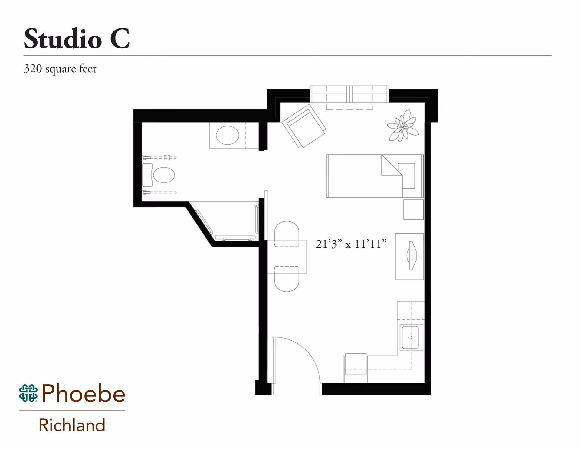 Floor plan of Studio C apartment at Phoebe Richland, showing a 320 square feet layout with a combined living and sleeping area, a small kitchen, and a bathroom.