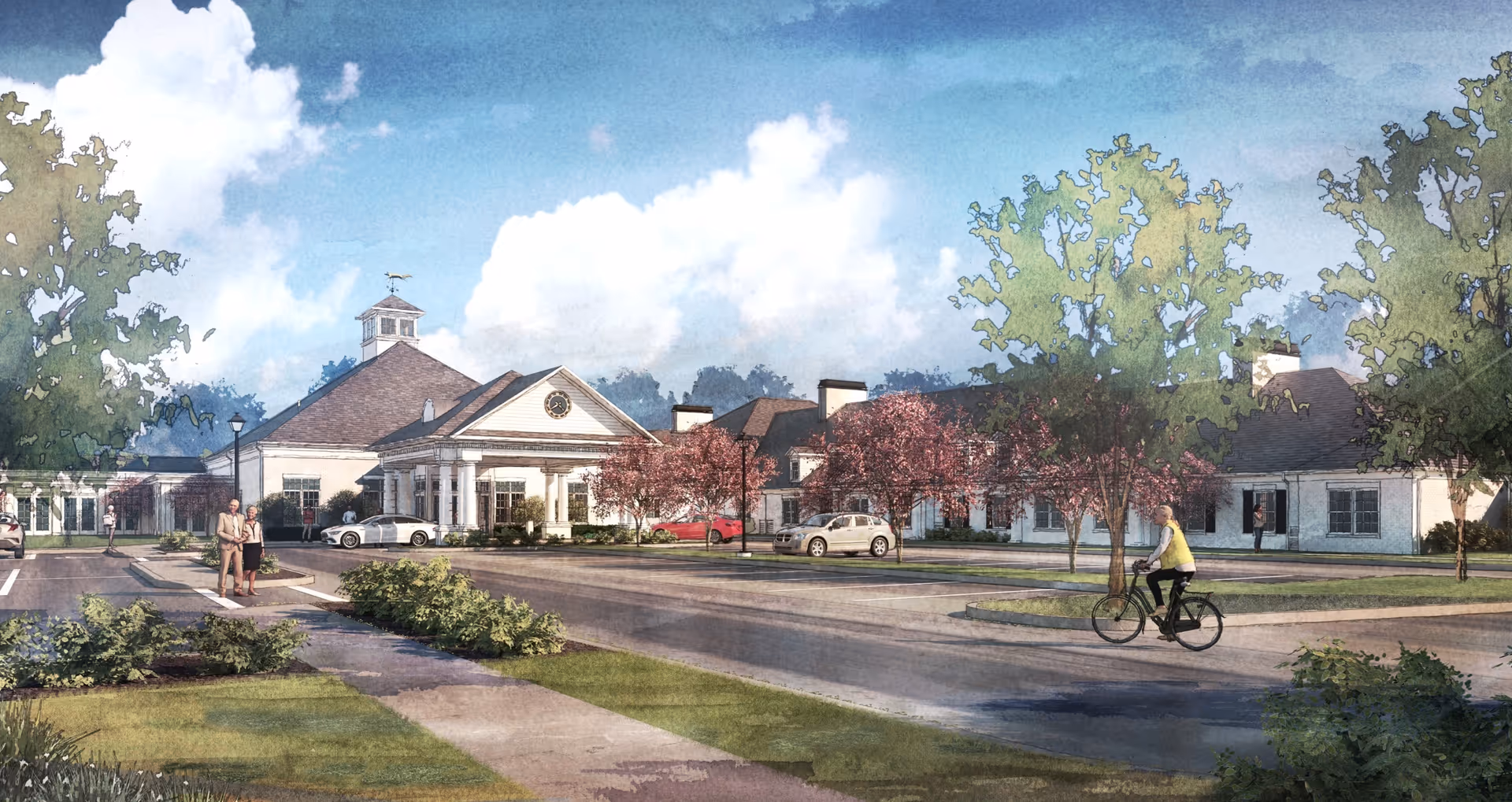 Exterior view of a senior living facility named Cherry Blossom with a driveway, parked cars, blooming cherry blossom trees, and people walking and riding a bicycle under a partly cloudy sky.