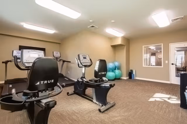 A small fitness room with two recumbent exercise bikes, two treadmills, and several exercise balls stacked in the corner. The room has beige walls, carpeted floor, and bright overhead lighting. A window and a door are visible on the right side.